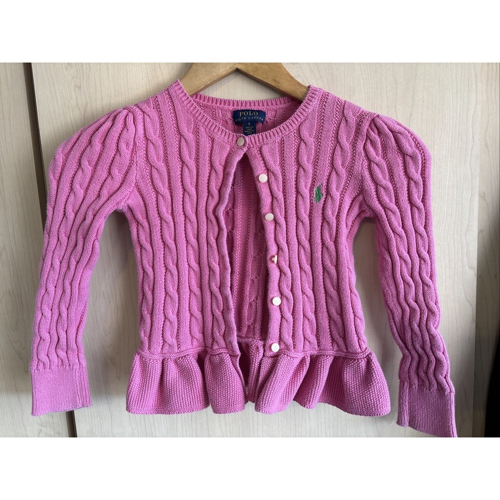 Polo R. Lauren Cable Fairploom Cardigan Girls Size 6 Pink Green Pony Button Down